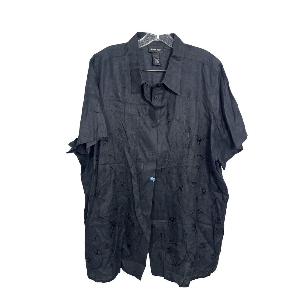 Avenue Womens‎ Plus 22/24 Black 100% Linen Short Sleeve Floral Embroidered Shirt